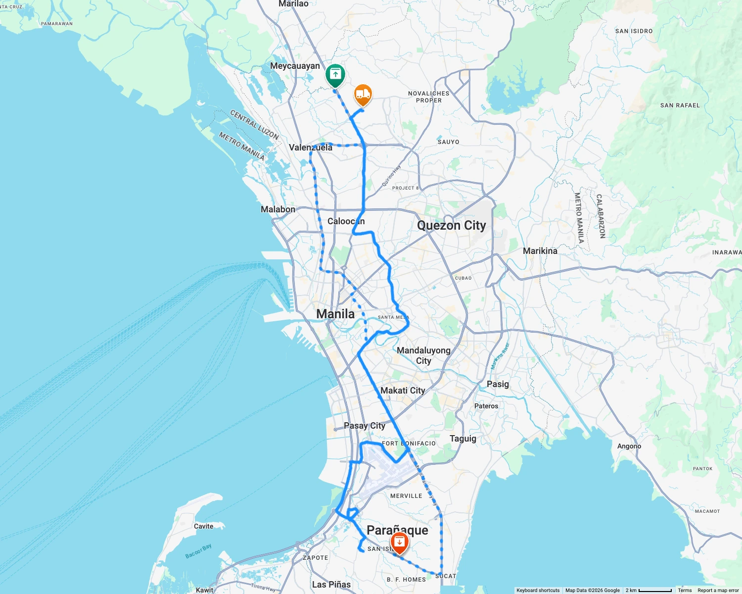 Route map through Metro Manila, from Meycauayan to Parañaque