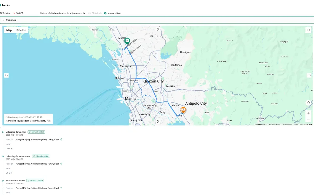 Inteluck TMS shipment route and live tracking map interface